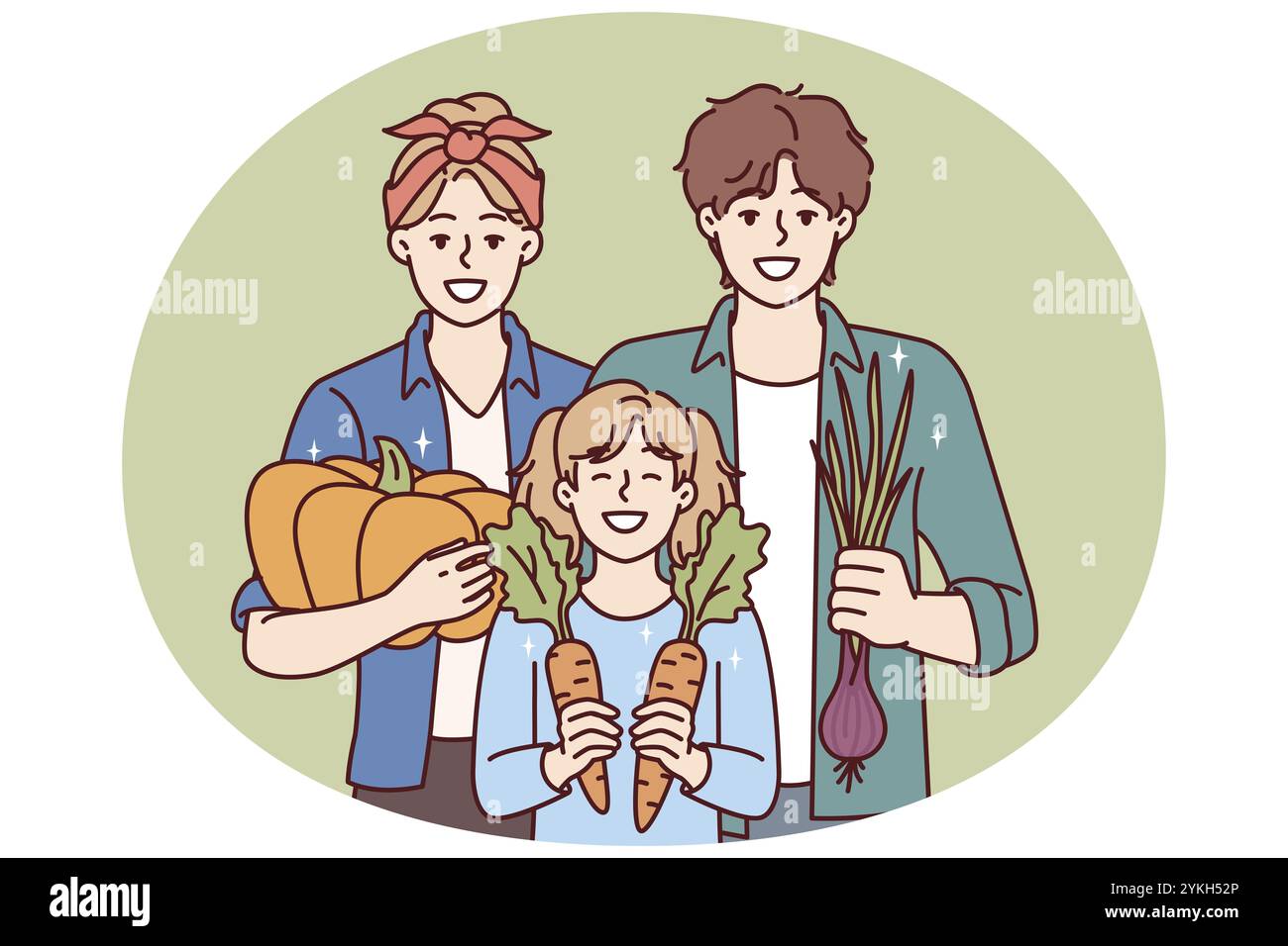 La famiglia del giardinaggio si posa con verdure biologiche coltivate nella propria azienda agricola e si rallegra di un buon raccolto. I genitori felici e la figlia sono impegnati in fam Foto Stock