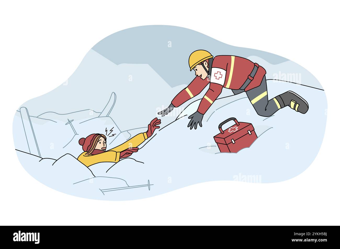 Salvavita aiutante sciatore sepolto in valanga dopo una grave tempesta di neve. Soccorritore trovare persone nella neve presso la stazione sciistica. Operazioni di salvataggio e salvataggio. Piatto Foto Stock