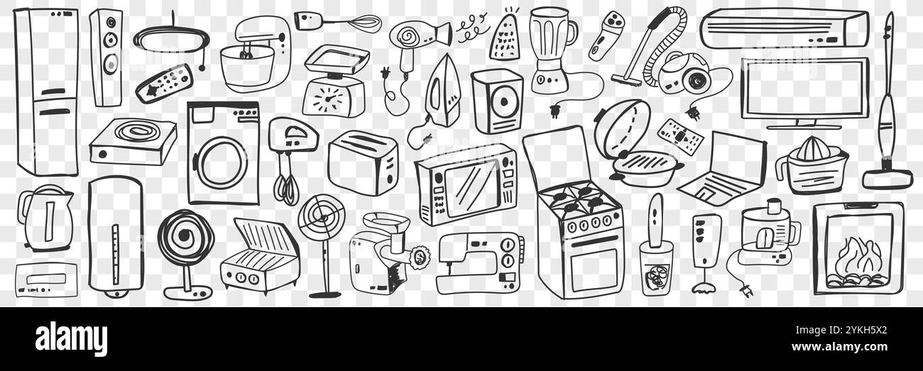 Vari set di scarabottini per elettrodomestici. Raccolta di aspiratore a mano forno a ventaglio aspirapolvere miscelatore lavatrice microonde frigorifero frullatore cucire m Foto Stock