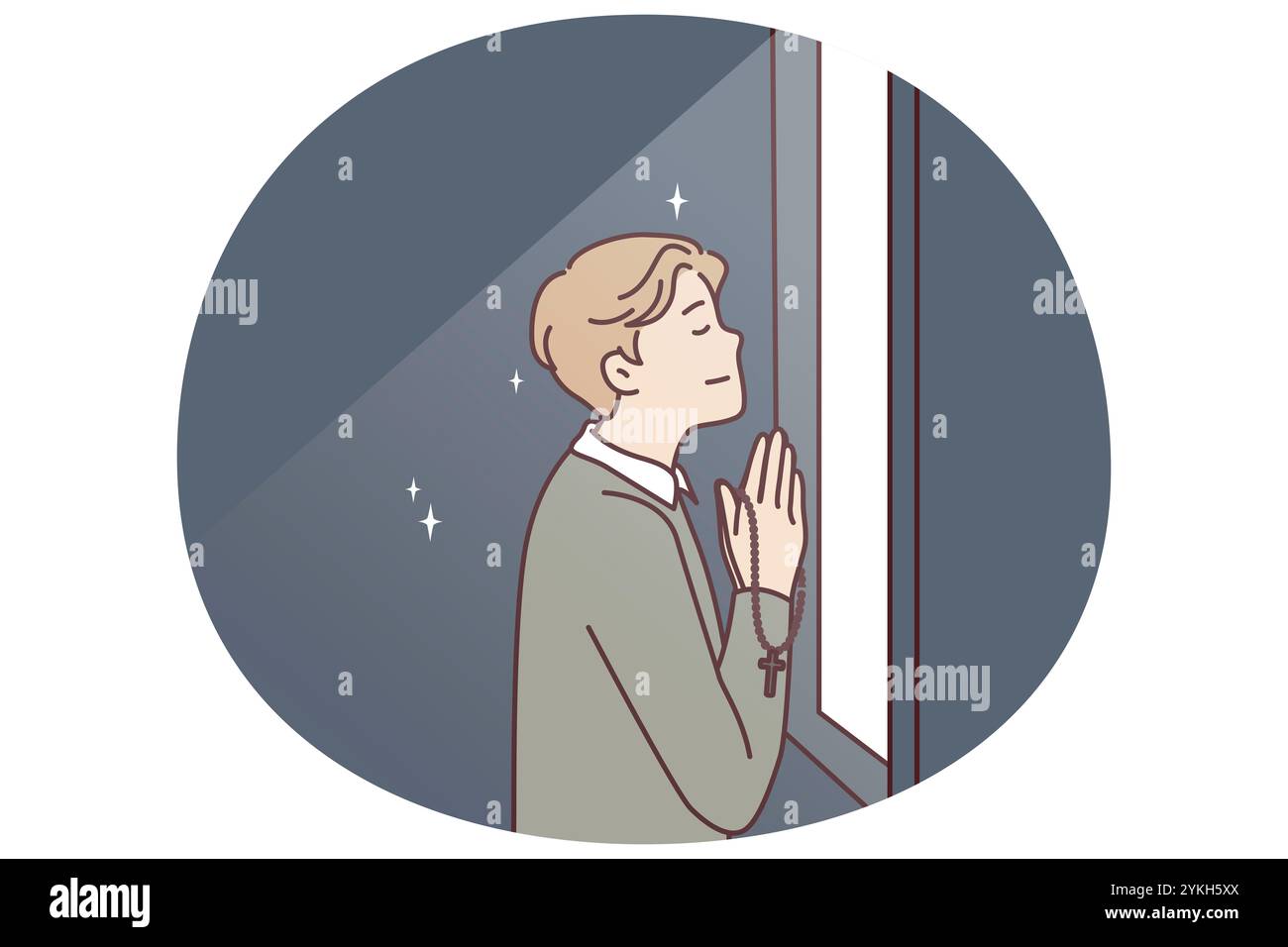 L'uomo religioso prega in piedi alla finestra che emette luce e tiene in mano una catena con crocifisso cristiano. Credere che il ragazzo prega rivolgendosi a dio e' aderente Foto Stock