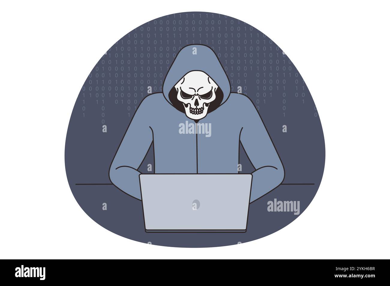 Hacker anonimo nel cappuccio e maschera cranio lavoro su computer rompere software operativo. Darknet programma di hack utente sul laptop. Diffusione di spam o virus, techno Foto Stock