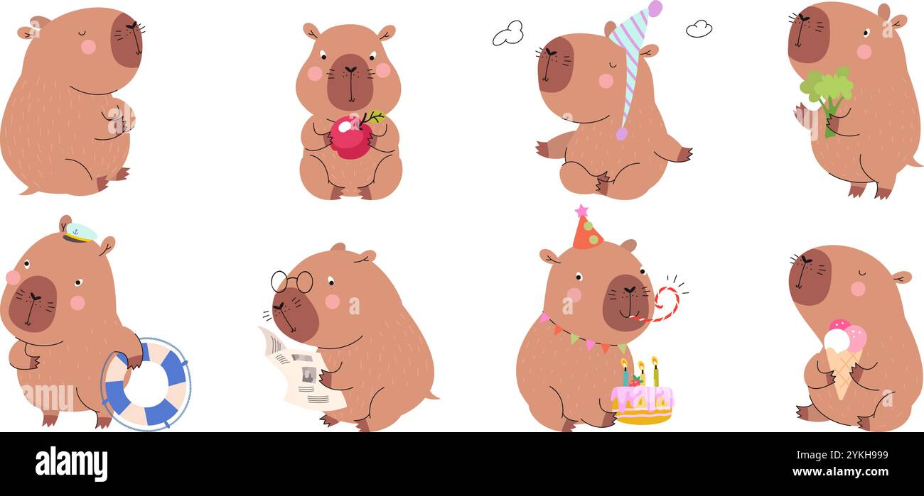 Carino capybara. Capybaras divertenti e grassi, roditori mangiano mele e broccoli. Adorabili mascotte per bambini, cartoni animati, animali selvatici personaggi ormai vettoriali Illustrazione Vettoriale