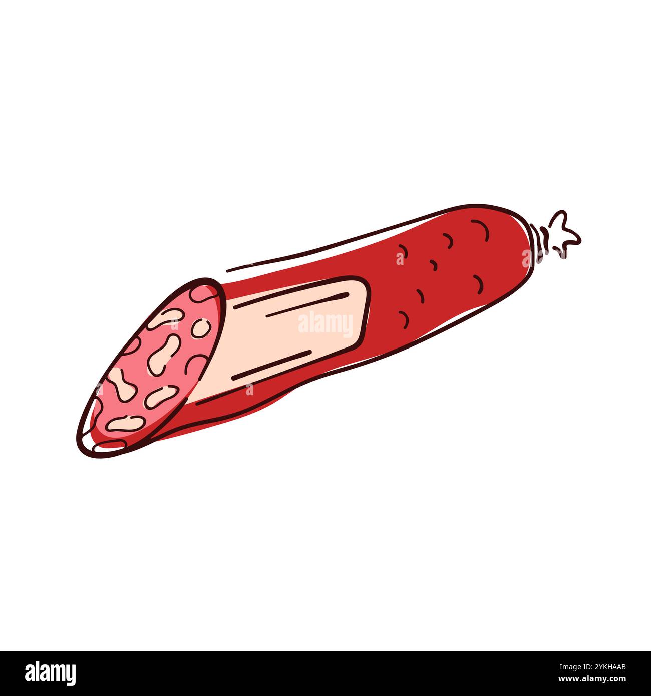 Fette di salame a fette in stile piatto. Saporito prodotto a base di carne affumicata per il design della spesa. Isolato su sfondo bianco. Illustrazione Vettoriale