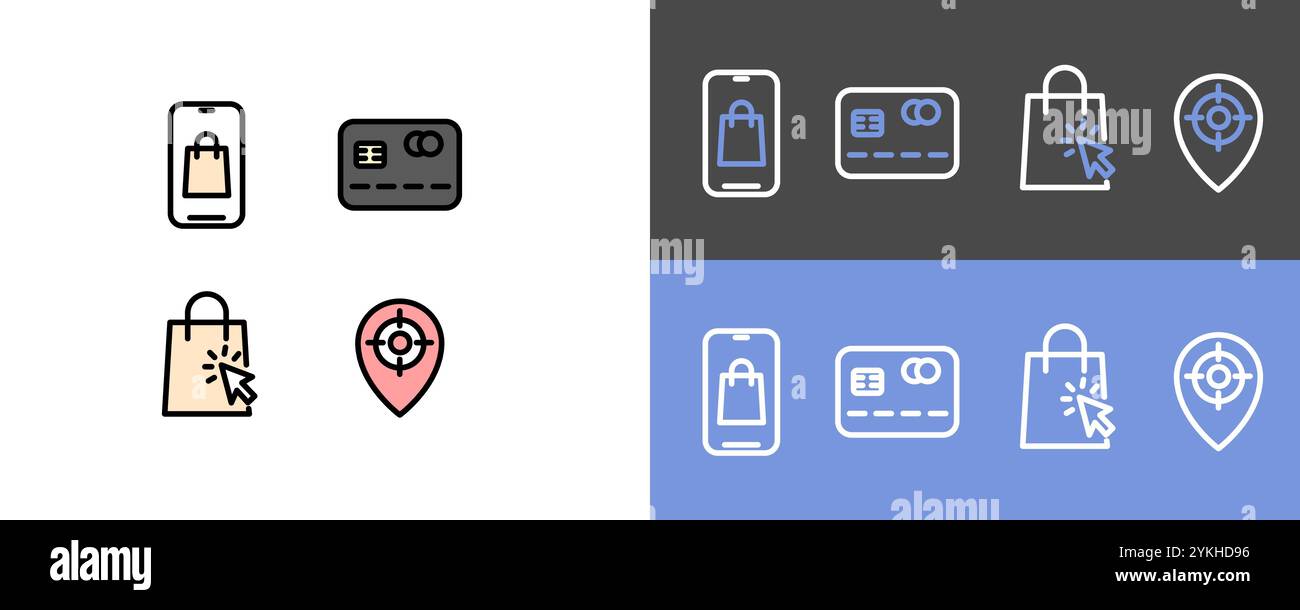 Set di simboli per l'e-commerce e il negozio online: Carrello moderno su smartphone, carta di credito o debito, carrello e icone del gruppo di destinazione Illustrazione Vettoriale