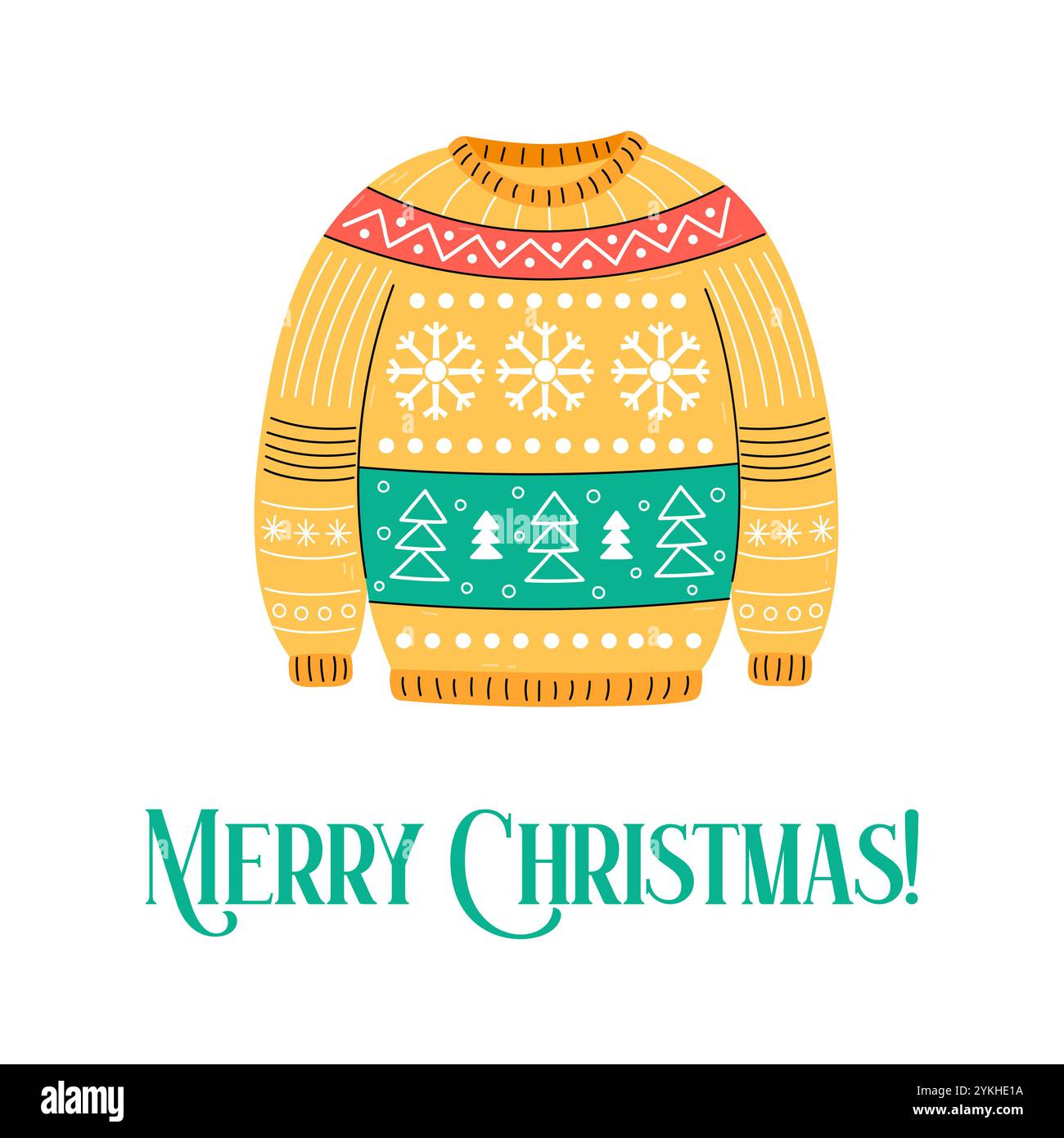 Buon biglietto di Natale. Maglione simpatico e brutto abiti caldi tradizionali. Semplice illustrazione vettoriale quadrata con i saluti di Natale. Illustrazione Vettoriale