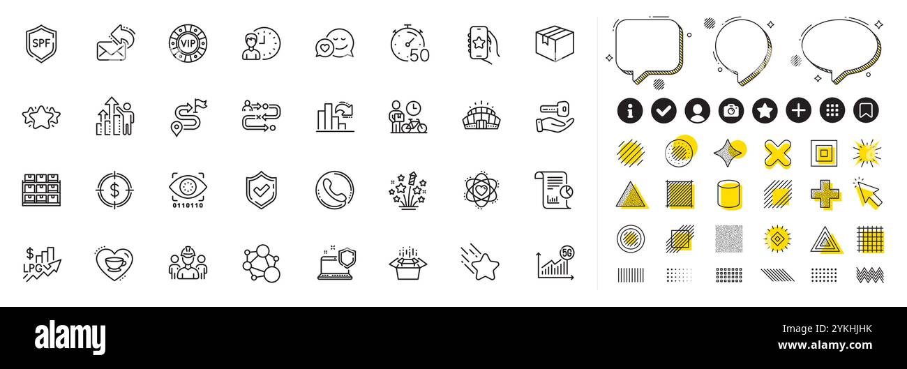 Set di icone di linea protezione SPF, Dating e Packing Box per app Web. Icona del pittogramma vettore Illustrazione Vettoriale