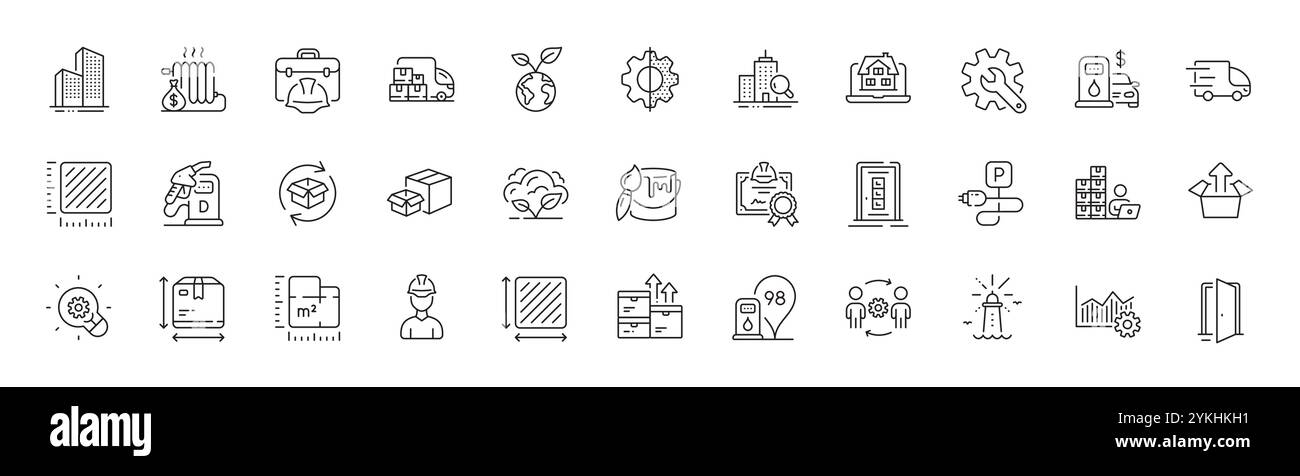 Edifici grattacieli, icone della linea Pennello e Faro. Per applicazioni Web, stampa. Icone di linea. Vettore Illustrazione Vettoriale