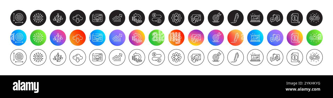 Icone delle linee Execute, Search e Teamwork. Per applicazioni Web, stampa. Pulsanti con icone rotonde. Vettore Illustrazione Vettoriale