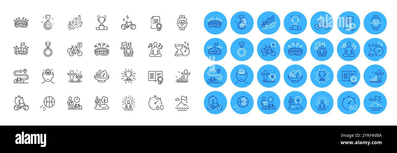 Pacchetto icone musica yoga, tazza dei vincitori e linea di pallacanestro. Timer a clessidra, premio del vincitore, icona web dello stadio dell'Arena. Pista ciclabile, bicicletta elettrica, certificato di pittogra Illustrazione Vettoriale
