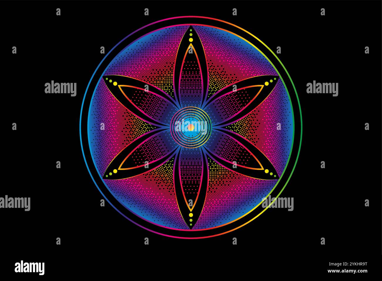 Icona del loto Seed Flower of Life, logo mandala, grafica Pixel, spettro luminoso simbolo di armonia ed equilibrio. Talismano mistico Illustrazione Vettoriale