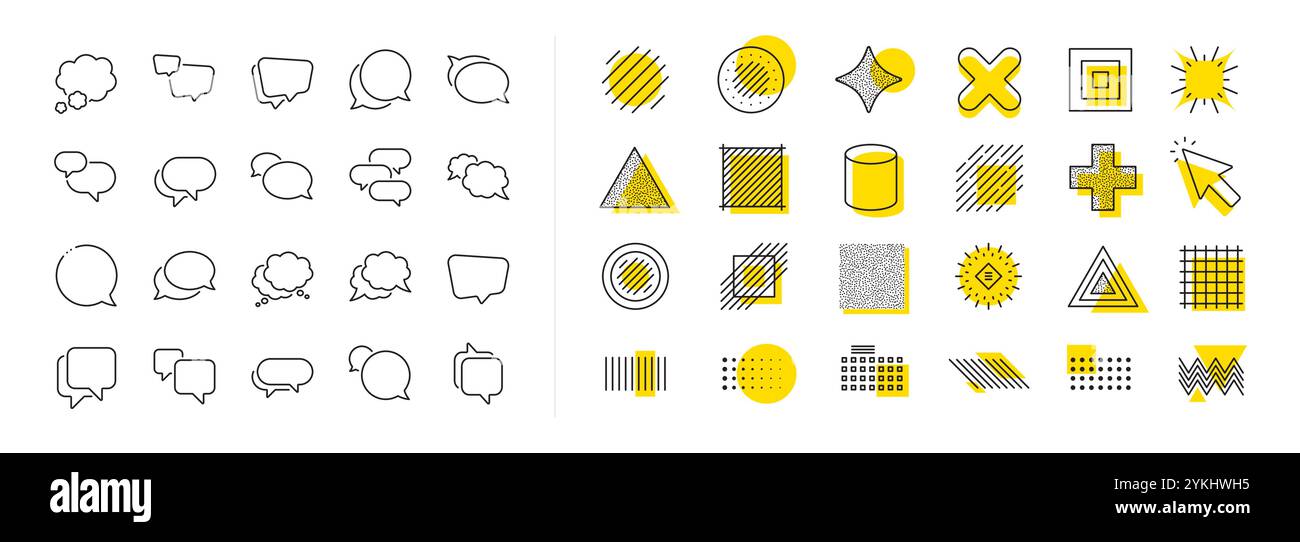 Messaggio sui social media, fumetti e chat. Elementi di forma del design. Icone delle linee delle bolle vocali. Icone a forma di bolla per riflettere, commentare e parlare. V Illustrazione Vettoriale