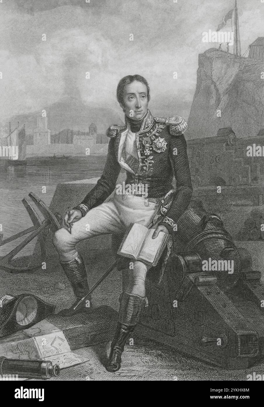 Etienne Eustache Bruix (1759-1805). Ammiraglio della Marina francese. Ministro della Marina e delle colonie (1798-1799). Verticale. Disegno di Eugène Charpentier. Incisione di Geoffroy. Histoire du Consulat et de l'Empire (storia del Consolato e dell'Impero di Francia sotto Napoleone), di A. Thiers. Volume IV. Pubblicato a Parigi, 1845. Foto Stock