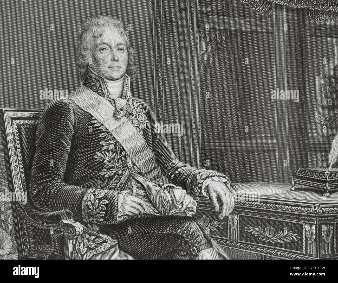 Charles Maurice de Talleyrand (Charles-Maurice de Talleyrand-Périgord) (1754-1838), principe di Talleyrand. Il clero, lo statista e il diplomatico secolarizzato francese. Ordinato sacerdote nel 1779, fu nominato vescovo di Autun nel 1788. Durante la Rivoluzione francese aderì alla Costituzione civile del Clero (1790), rinunciando al sacerdozio per condurre una vita secolare. Eletto deputato per il clero degli Stati generali nel 1789. Presidente dell'Assemblea Nazionale Costituente (16-27 febbraio 1790). Ambasciatore francese nel Regno Unito (1792-1793). Verticale. Incisione di Goutière. Dettagli. Foto Stock