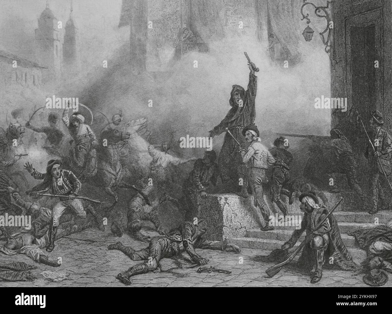 Guerra d'indipendenza spagnola (1808-1814). Rivolta di DOS de Mayo, 1808. Insurrezione del popolo di Madrid. Disegno di Karl Girardet. Incisione di Paul Girardet. Histoire du Consulat et de l'Empire (storia del Consolato e dell'Impero di Francia sotto Napoleone), di A. Thiers. Volume VIII. Pubblicato a Parigi, 1849. Foto Stock