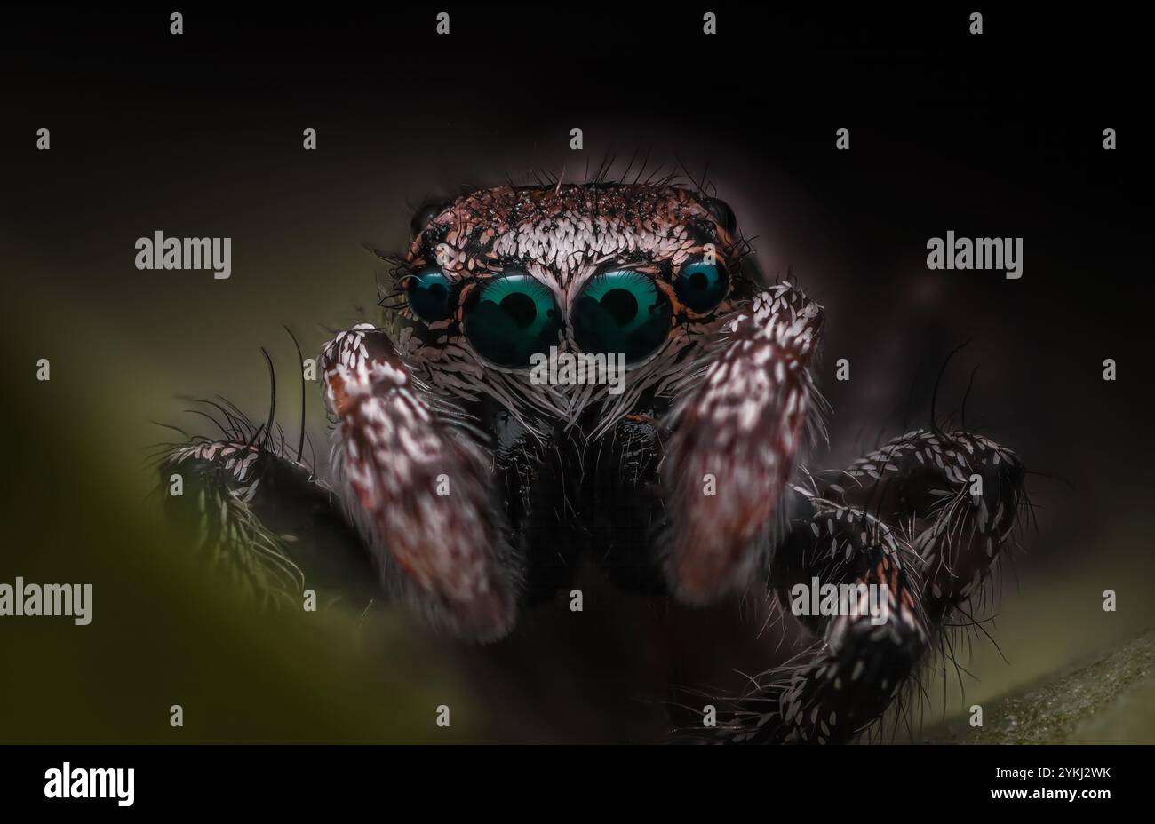 Primo piano macro di un ragno che salta con gli occhi verdi, che mostrano dettagli intricati del suo corpo peloso e colori vivaci in un look basso e drammatico Foto Stock