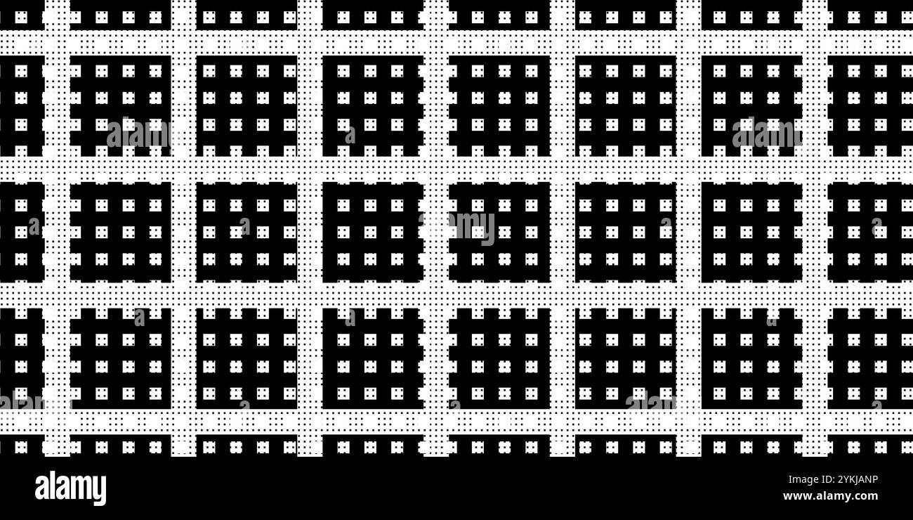 Modello a doppio quadratino con geometria monocromatica in bianco e nero dal design minimalista e astratto con sfondo a trama a punti Foto Stock