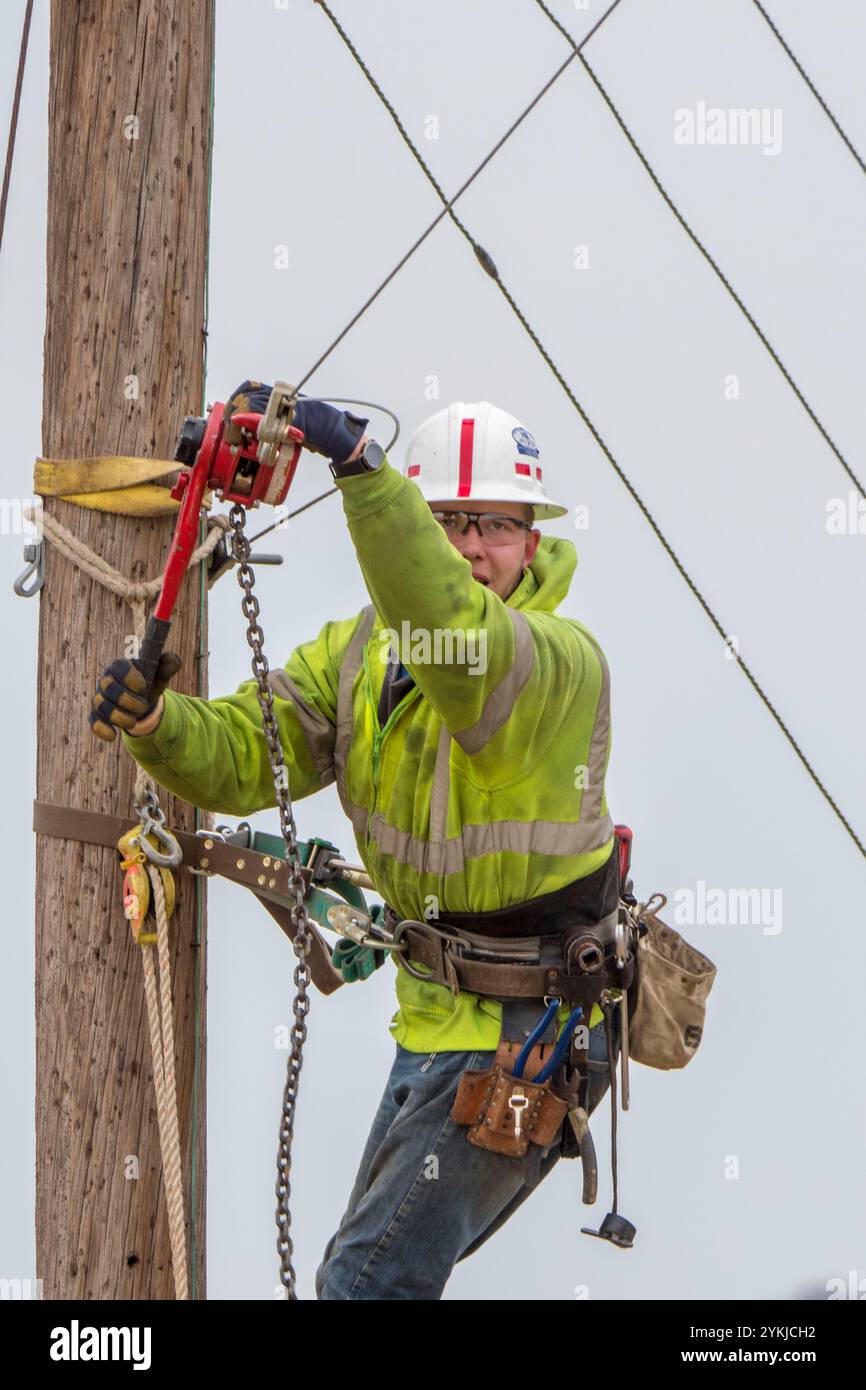 Contratto Lineman Brandon Sims risalito polo utilità di telaio per il supporto futuro filo come Virginia BARC Electric Cooperative conduce il modo in Lexington, Virginia area installazione di cavi a fibre ottiche per l'esistente rete elettrica, che porterà affidabili a banda larga ad alta velocità per la zona per la prima volta. Nelle aree rurali dove affari e residenziale i consumatori utilizzano il servizio a banda larga sono più suscettibili di godere di redditi più alti, abbassare i tassi di disoccupazione e una crescita più forte rispetto a quelli senza banda larga. Poiché offre a banda larga nelle aree rurali la connettività al business, istruzione, assistenza sanitaria e altri servic Foto Stock