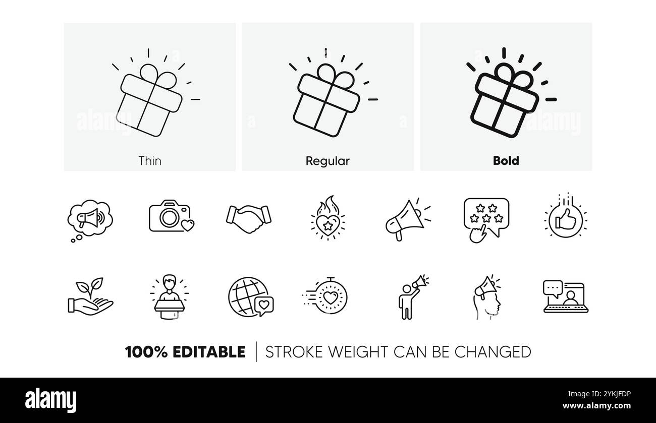 Icone della linea di ambasciatori del marchio. Influenza le persone, il megafono e il Rappresentante. Gruppo lineare. Icone di linea. Vettore Illustrazione Vettoriale