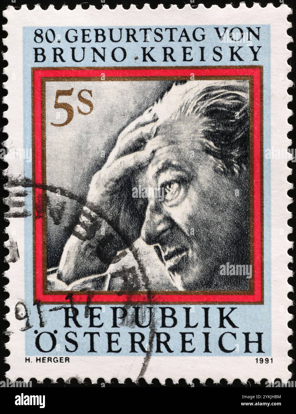 Politico Bruno Kreisky ritratto su francobollo austriaco Foto Stock
