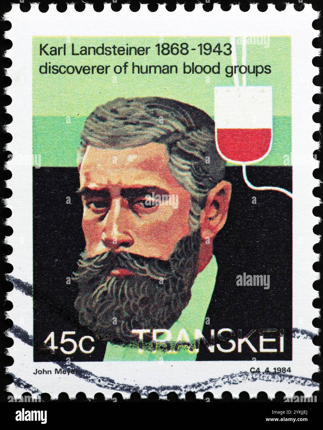 Scopritore dei gruppi sanguigni umani Karl Landsteiner su francobollo Foto Stock