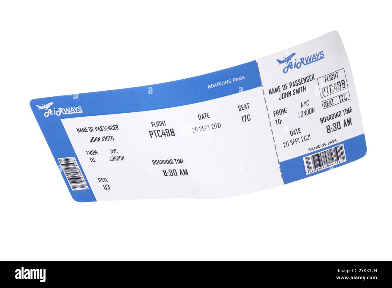 Un biglietto aereo isolato sul bianco. Viaggi all'estero Foto Stock