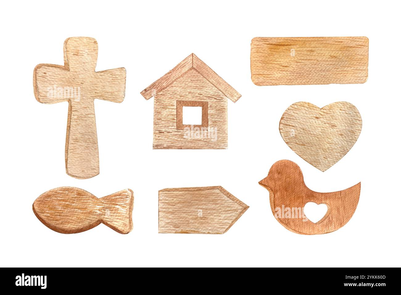 Insegne in legno, simboli, giocattoli: casa, uccello, pesce, set con struttura a cuore e acquerello incrociato isolato su bianco. Elementi di design dipinti a mano ideali per gli annunci Foto Stock