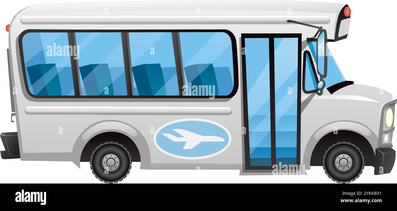 Vista laterale di un bus navetta vettoriale cartoni animati in bianco con decalcomania aeroplano sul lato. Illustrazione Vettoriale