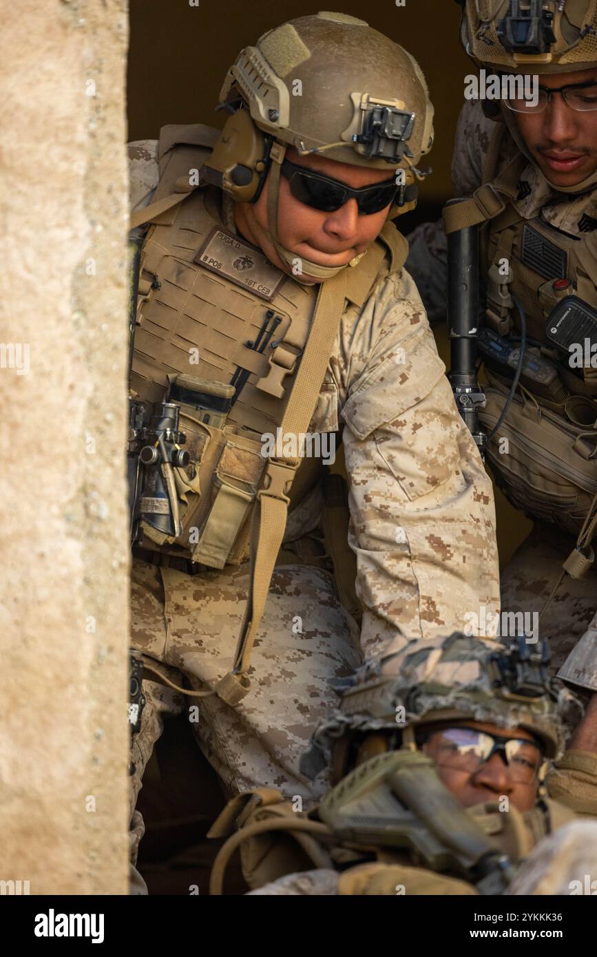 U.S. Marines con Alpha Company, 1st Combat Engineer Battalion, 1st Marine Division, tirano una vittima simulata in sicurezza presso l'addestratore di immersione della fanteria al Marine Corps base Camp Pendleton, California, 6 novembre 2024. L'IIT fornisce un addestramento immersivo basato su scenari per valutare i Marines e le loro unità sulle tattiche di fanteria. (Foto del corpo dei Marines degli Stati Uniti del sergente Ezekieljay Correa) Foto Stock