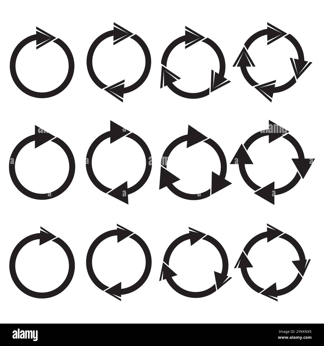Set frecce circolari. Riciclare le icone di rotazione. Simboli con freccia nera. Illustrazione vettoriale. Illustrazione Vettoriale