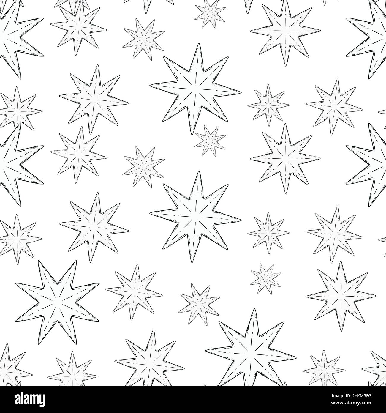Questo esclusivo motivo a stelle è perfetto per una varietà di progetti creativi e sfondi. Grafica vettoriale in bianco e nero disegnata a mano nella grafica in linea per la stampa su carta e tessuto. Illustrazione Vettoriale