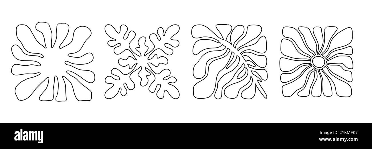 Contorno nero vettoriale composizioni quadrate floreali disegnate a mano. Forme astratte organiche disegnate a mano. Arte contemporanea alla moda. Illustrazione vettoriale Illustrazione Vettoriale