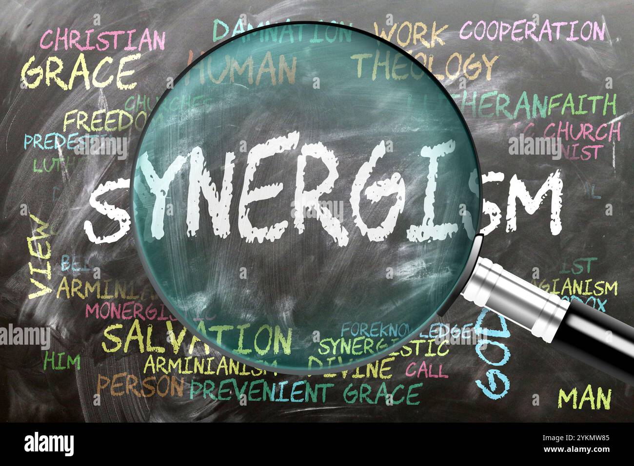 Sinergismo in fase di studio, esame - sotto stretta ispezione. Argomenti e idee più importanti strettamente correlati al sinergismo scritto su una lavagna INS Foto Stock