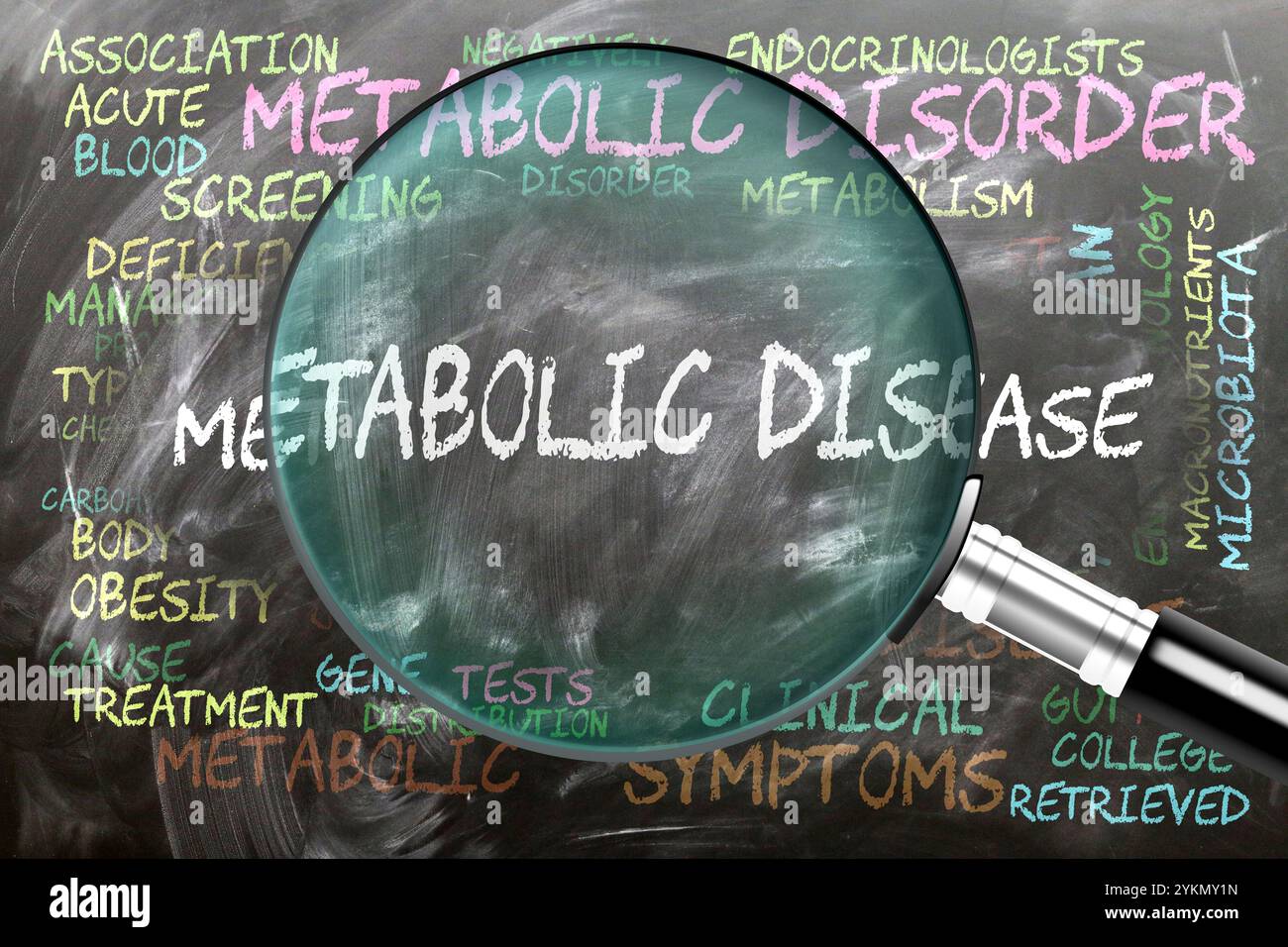 Malattia metabolica in fase di studio, esame - sotto stretta ispezione. Argomenti e idee più importanti strettamente correlati alla malattia metabolica. Foto Stock