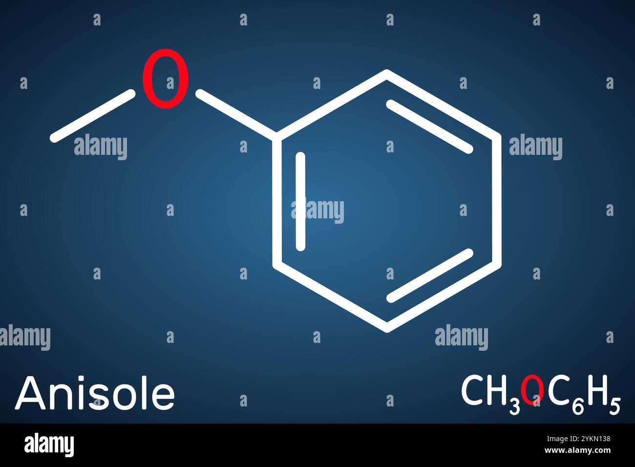 Anisole, metossibenzene, metilfenil etere molecola. Formula chimica strutturale, sfondo blu scuro. Illustrazione vettoriale Illustrazione Vettoriale