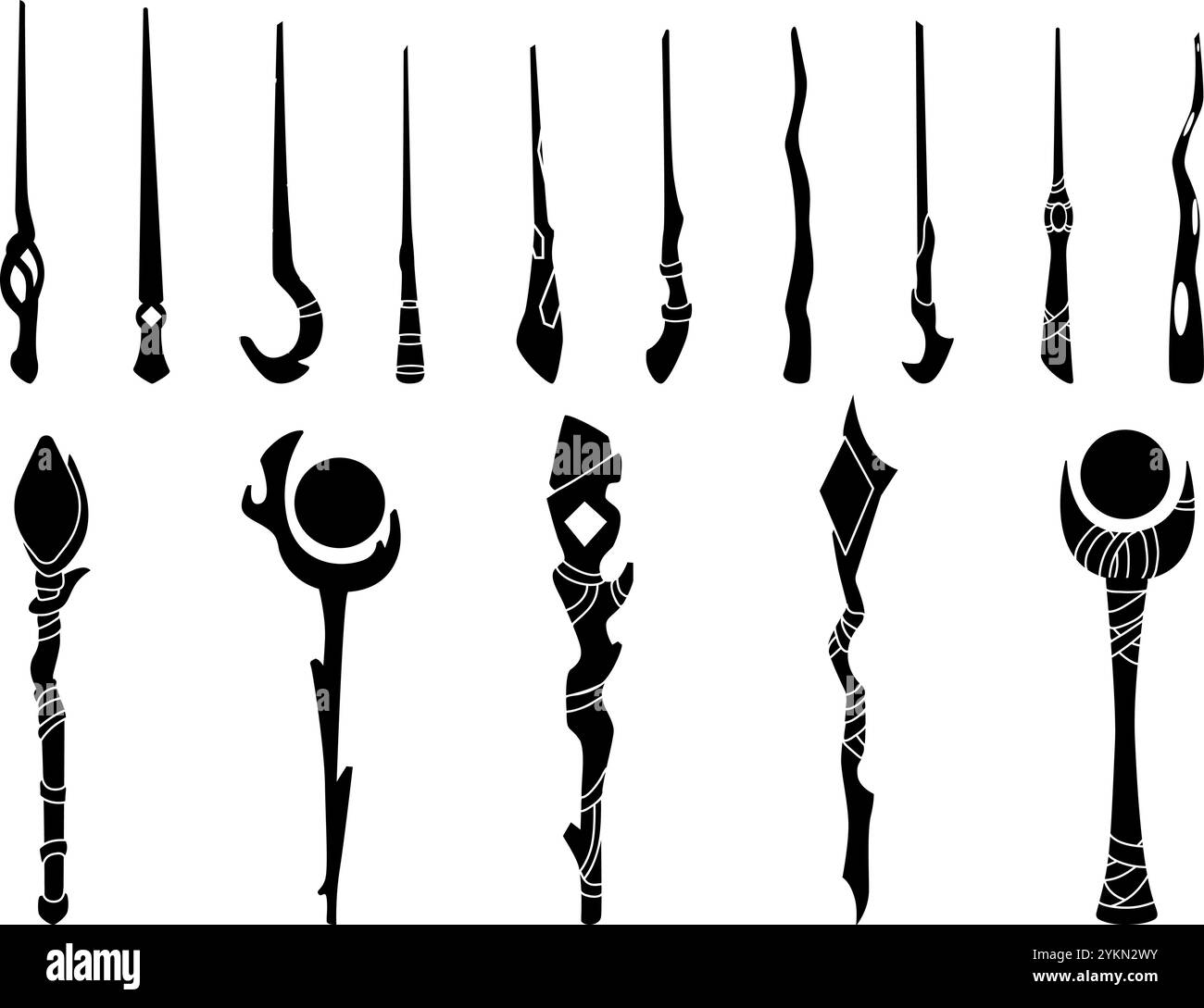 Wizard indossa silhouette nere. Strega bacchette magiche, stregone illusionista, accessori e attrezzature magiche. Fantasy Miracle Elements nowaday Vector Illustrazione Vettoriale