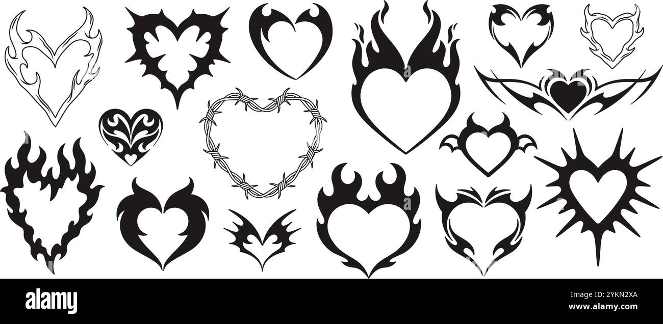 Tatuaggio al cuore. Cuori in fiamme adesivi neri. Simboli in stile gotico, elementi di fuoco di roccia. San Valentino, icone d'amore vintage, clipart del vettore di razzia tribale Illustrazione Vettoriale