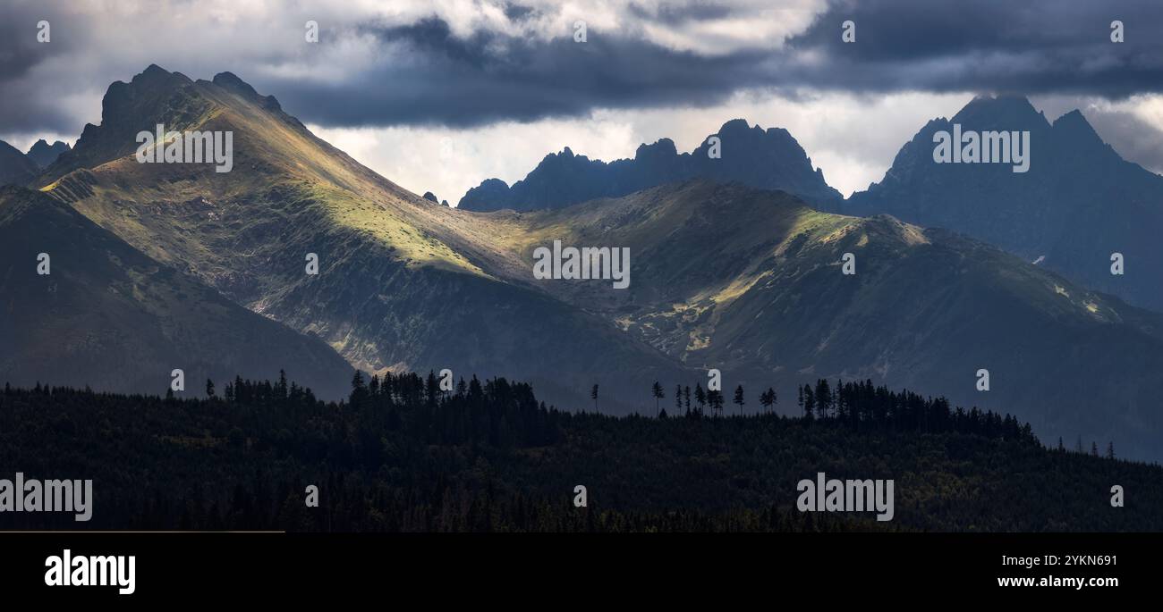 Uno splendido paesaggio dei Carpazi in Polonia, che cattura le maestose vette sotto un cielo spettacolare. Ideale per gli amanti della natura e dei viaggi Foto Stock