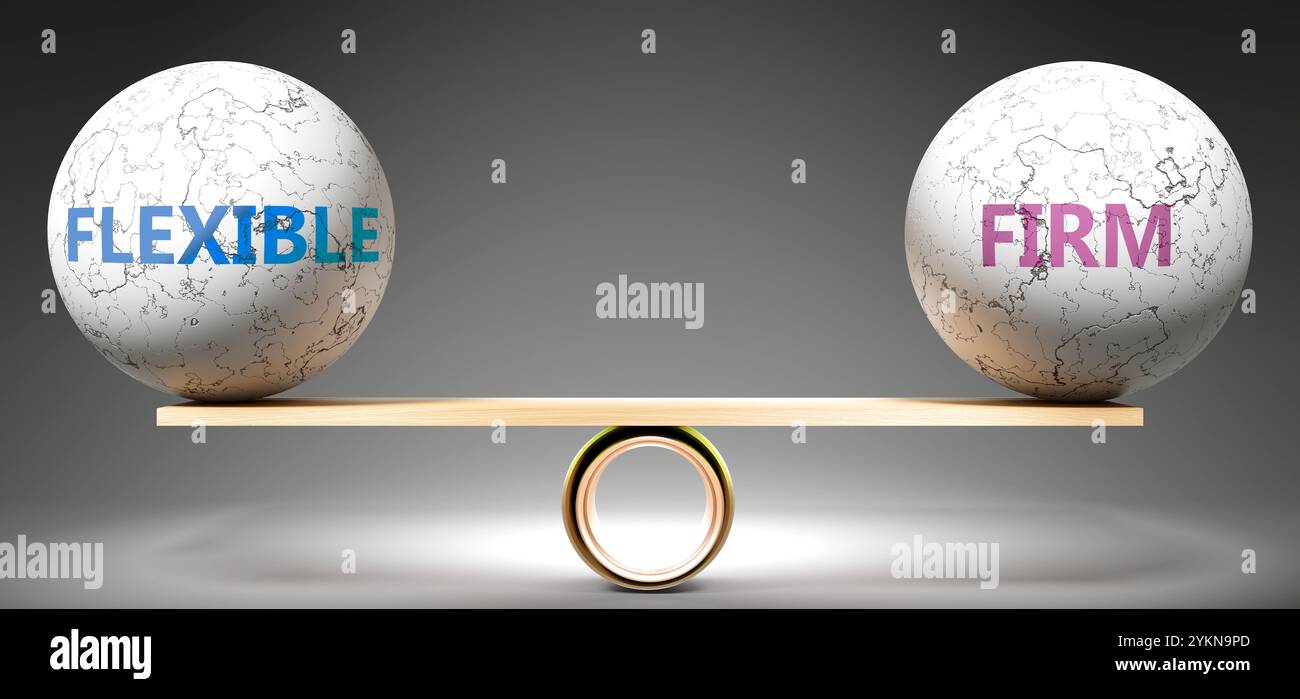 Flessibile e saldo in equilibrio. Una metafora che mostra un equilibrio flessibile con il fermo, simboleggia un'armonia desiderata tra di loro. Stabilità. Armonioso Foto Stock