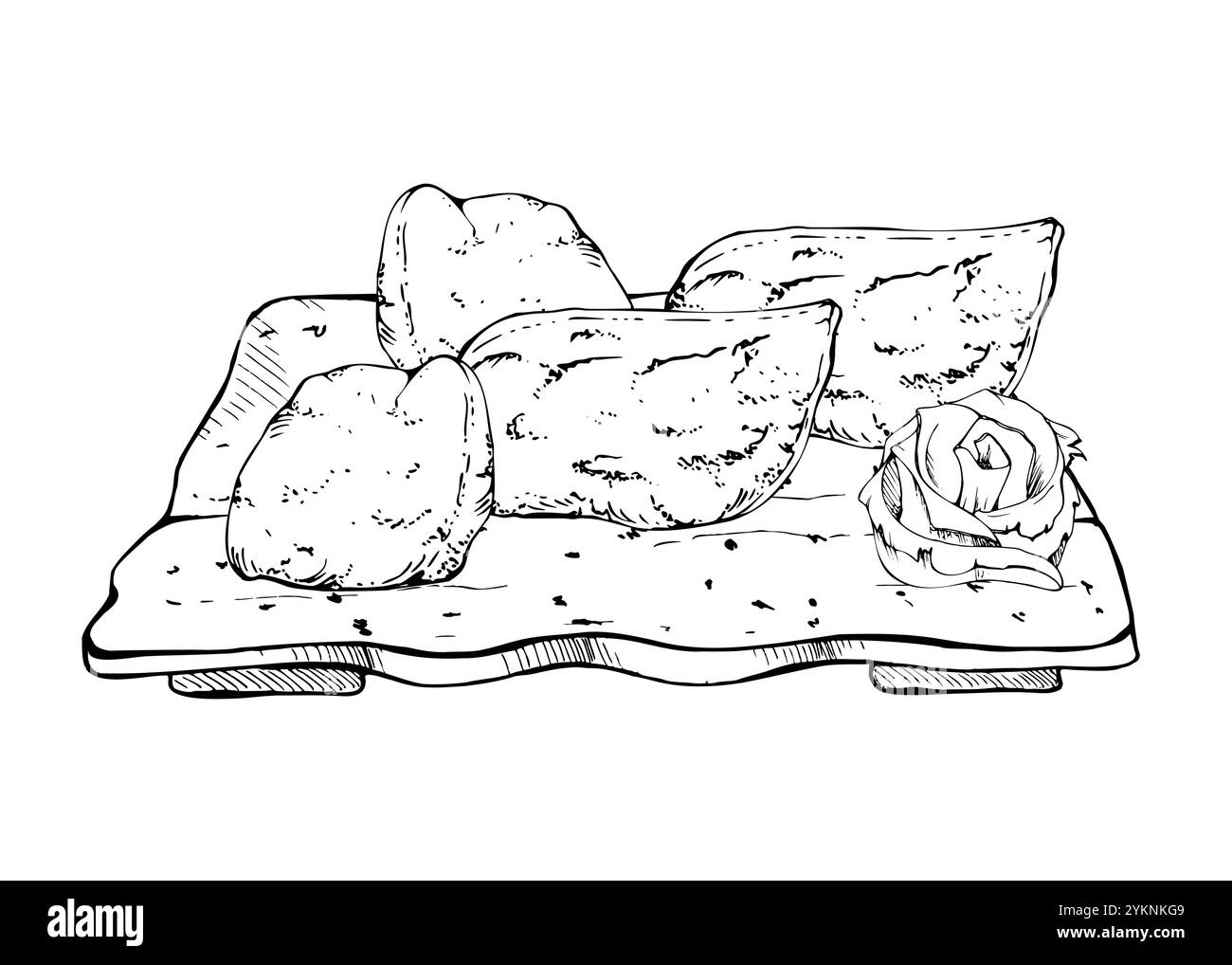 Sushi inari tofu di cucina giapponese servito su piatto di ceramica, tempura di omelette tamagoyaki, rosa di zenzero disegnata a mano in penna vettoriale, inchiostro. Illustrazione per Illustrazione Vettoriale
