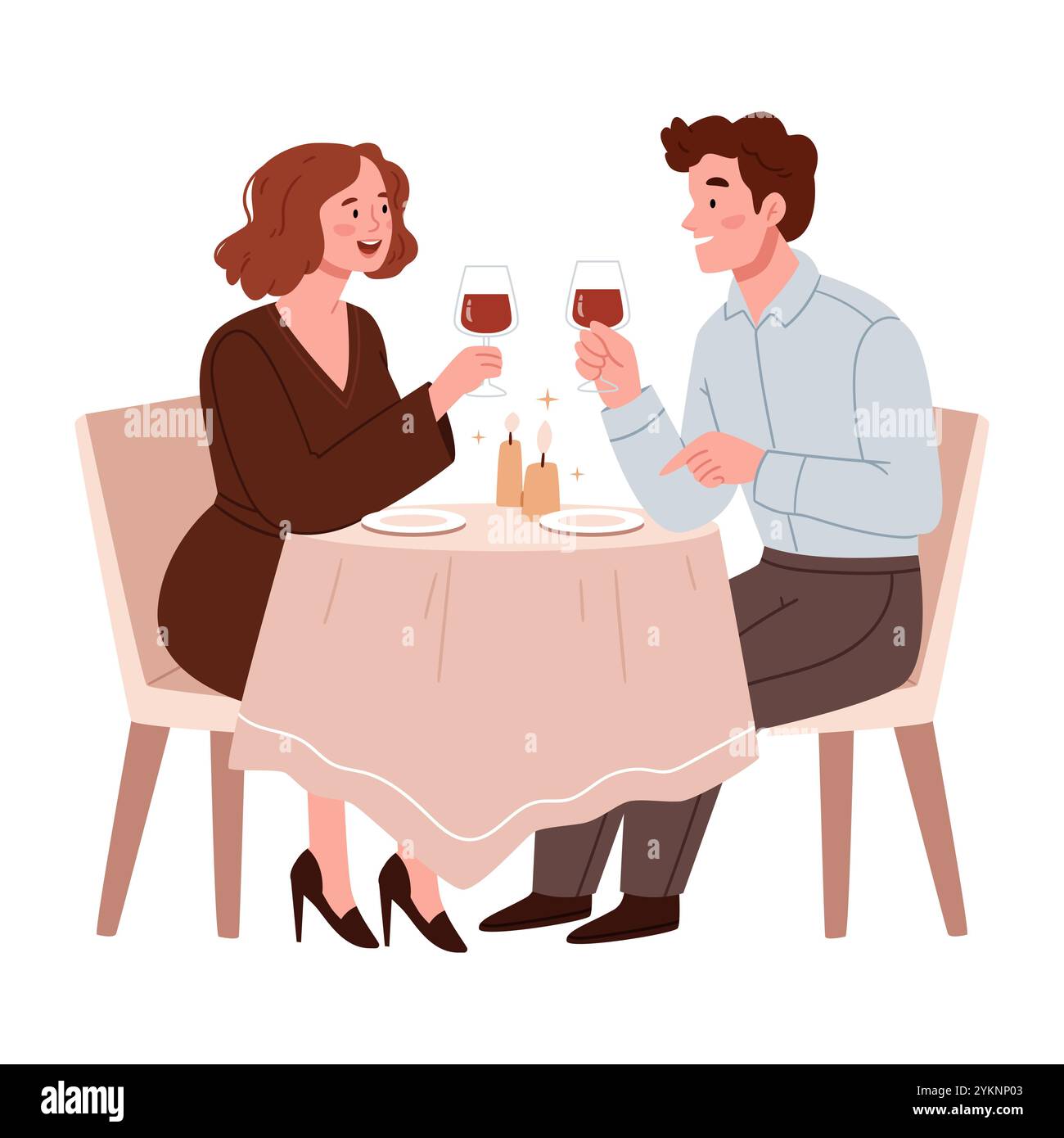 Una coppia innamorata beve vino in un ristorante a lume di candela. Uomo e donna felici seduti al tavolo e comunicano al bar Illustrazione Vettoriale