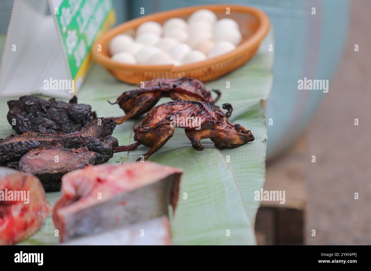 Laos, Sud-est asiatico: Ratto alla griglia, pesce, carne secca e uova nel mercato mattutino di Luang Prabang, cibo di strada, cucina asiatica locale, ratti arrostiti Foto Stock