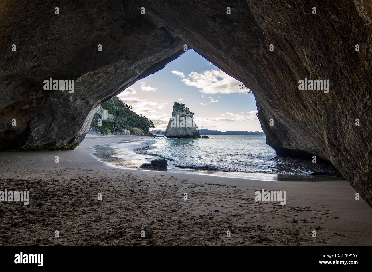 Cathedral Cove Beach, te HOHO Rock attraverso la grotta, Coromandel, nuova Zelanda Foto Stock