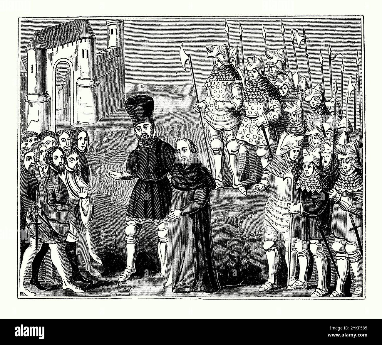 Un'antica incisione di re Riccardo II che incontrò Henry Bolingbroke, conte di Derby a Flint Castle, Clwyd, Galles del Nord, Regno Unito nel 1399 - proviene da un libro di storia vittoriana. Erano cugini – qui Richard (centro) viene scortato da Henry (con cappello). Enrico portò Riccardo a Londra dove Riccardo abdicò ed Enrico venne incoronato re (Enrico IV). Richard morì un anno dopo in prigionia. Foto Stock