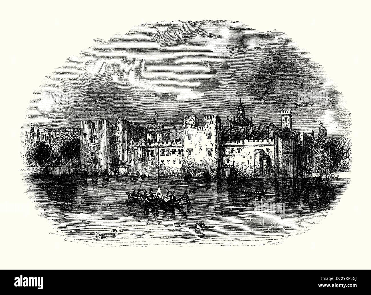 Un'antica incisione del Savoy Palace, Strand, Londra, Inghilterra, Regno Unito all'inizio degli anni '1300 - proviene da un libro di storia vittoriana. Il Savoy Palace era probabilmente la più bella casa cittadina dei nobili della Londra medievale. Era la residenza del principe Giovanni di Gaunt. Il palazzo si trovava sul sito di una tenuta donata a Pietro II, conte di Savoia, a metà del XIII secolo, che nel secolo successivo venne controllata dalla famiglia di Gaunt. Era situato tra lo Strand e il fiume Tamigi. Fu distrutto durante la rivolta dei contadini del 1381. Foto Stock