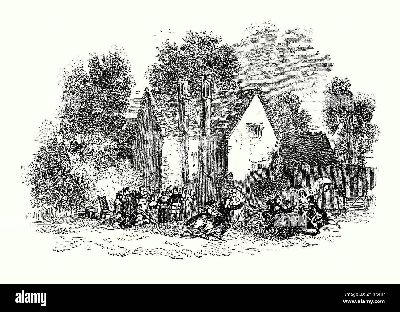 Una vecchia incisione del gioco rurale di «Barley-Break», in Gran Bretagna c. 1700 – proviene da un libro di storia vittoriana. Barley-Break è un vecchio gioco di caccia di campagna inglese ed è stato giocato da tre coppie maschi/femmine, che erano di stanza in tre basi, tane o trame, adiacenti l'una all'altra in un campo al momento del raccolto. Una coppia, occupando una tana di mezzo (chiamata ‘inferno’), collegando le braccia, ha dovuto catturare gli altri che stavano ballando intorno al campo. A queste coppie è stato permesso di separarsi o ‘rompere’ per evitare di essere catturati. Tuttavia, se catturati dovevano prendere il loro turno come ricevitore. Foto Stock