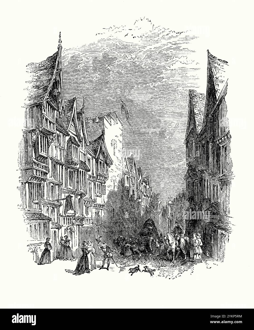 Una vecchia incisione di una scena di strada nel Barbican, Londra, Inghilterra, Regno Unito c.1700. L'area prende il nome dal forte principale (Barbecana) della Londra romana, costruito tra il 90 e il 120 d.C. Intorno al 200 d.C. furono costruite mura intorno alla città che incorporava il vecchio forte. Per la maggior parte del Medioevo, la principale industria del Barbican era la produzione di birra. Questa parte di Londra fu devastata dai bombardamenti della seconda guerra mondiale. Oggi la Barbican Estate, o Barbican, un complesso di circa 2.000 appartamenti, maisonette, case ed edifici culturali, domina la zona. Foto Stock