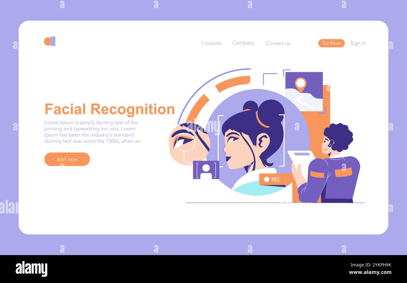 Concetto di tecnologia di riconoscimento facciale. Un'illustrazione che mostra la scansione biometrica digitale per la verifica dell'identità. Privacy e sicurezza nell'era digitale. Illustrazione vettoriale. Illustrazione Vettoriale