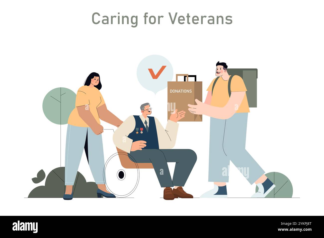 Saluto al concetto Veteran. Una scena sentita di comunità che restituisce a un veterano con donazioni, trasmettendo gratitudine e rispetto. Illustrazione vettoriale. Illustrazione Vettoriale