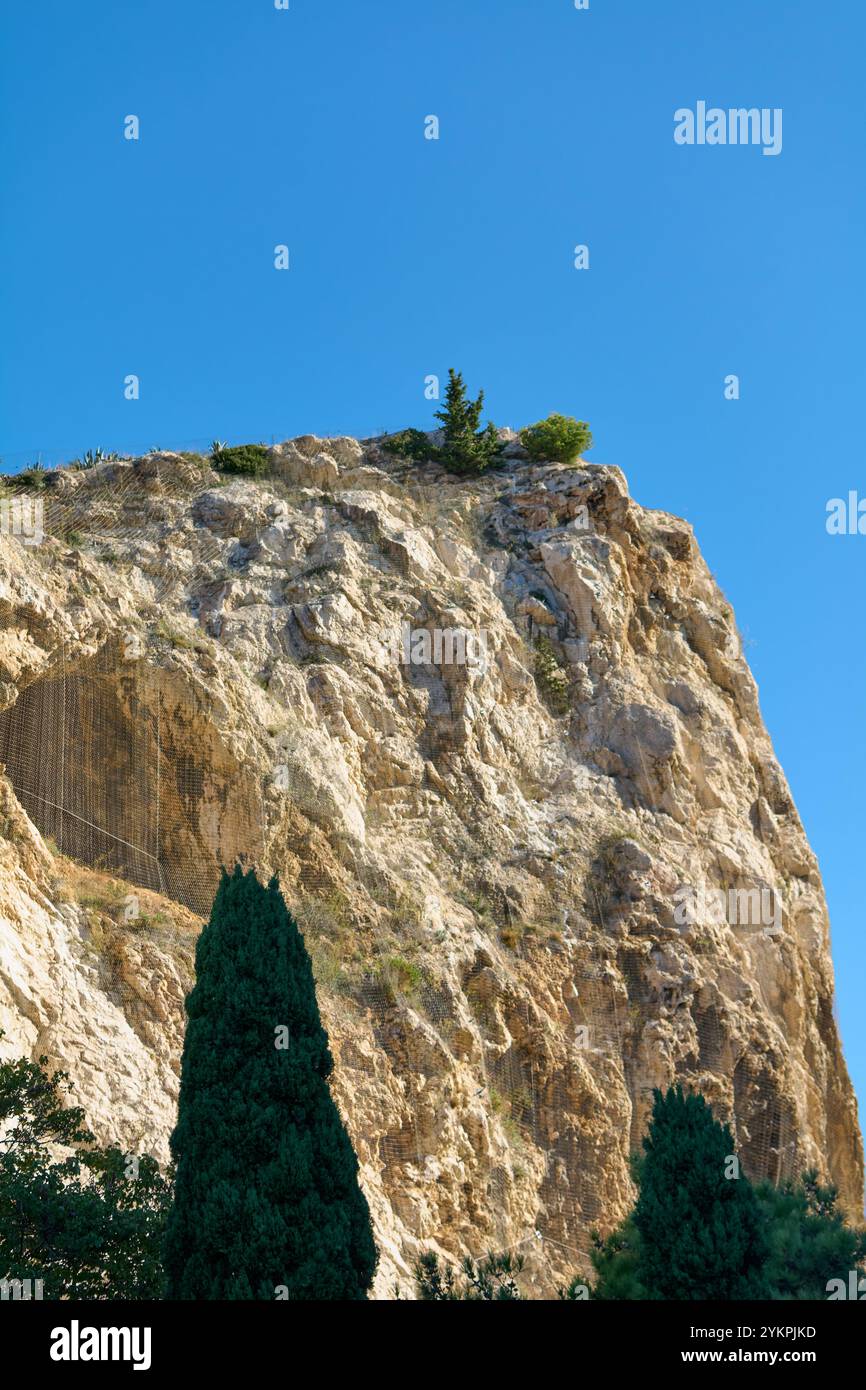 Una ripida scogliera rocciosa sotto un cielo azzurro limpido, caratterizzata da vegetazione sparsa e alcuni alberi in cima, perfetta per temi naturalistici e paesaggistici. Foto Stock