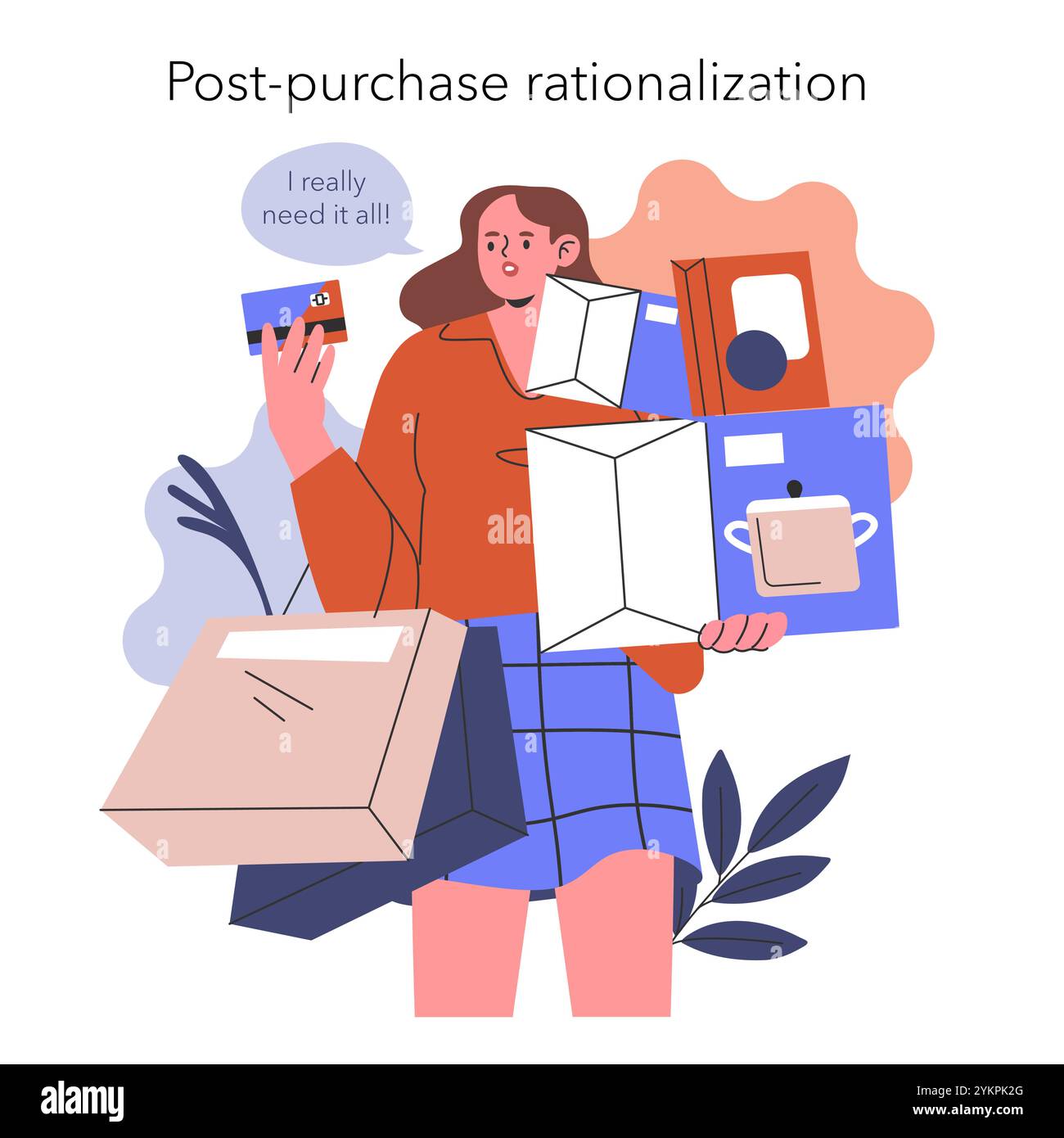 Concetto di polarizzazione cognitiva. Illustrazione di un acquirente che razionalizza l'eccesso di acquisti con necessità. Psicologia dei consumatori e comportamento nella spesa. Illustrazione vettoriale. Illustrazione Vettoriale